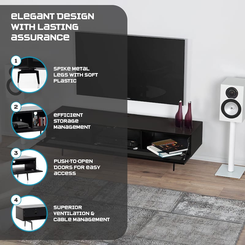 SONOROUS ST360 Premium Luxury Wood & Glass Media Console with Metal Legs Black TV Table